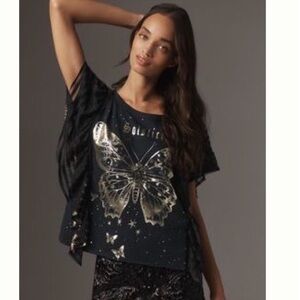 Pilcro Black Tee with Gold Butterfly Design
